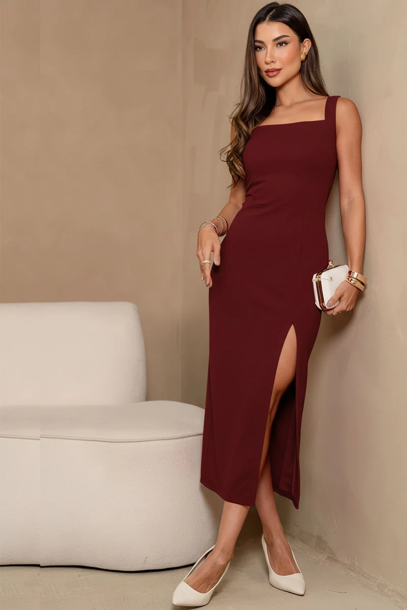 Miss Misses - Larissa Midi Dress with Slit and Zipper, Wine Color - 54607006