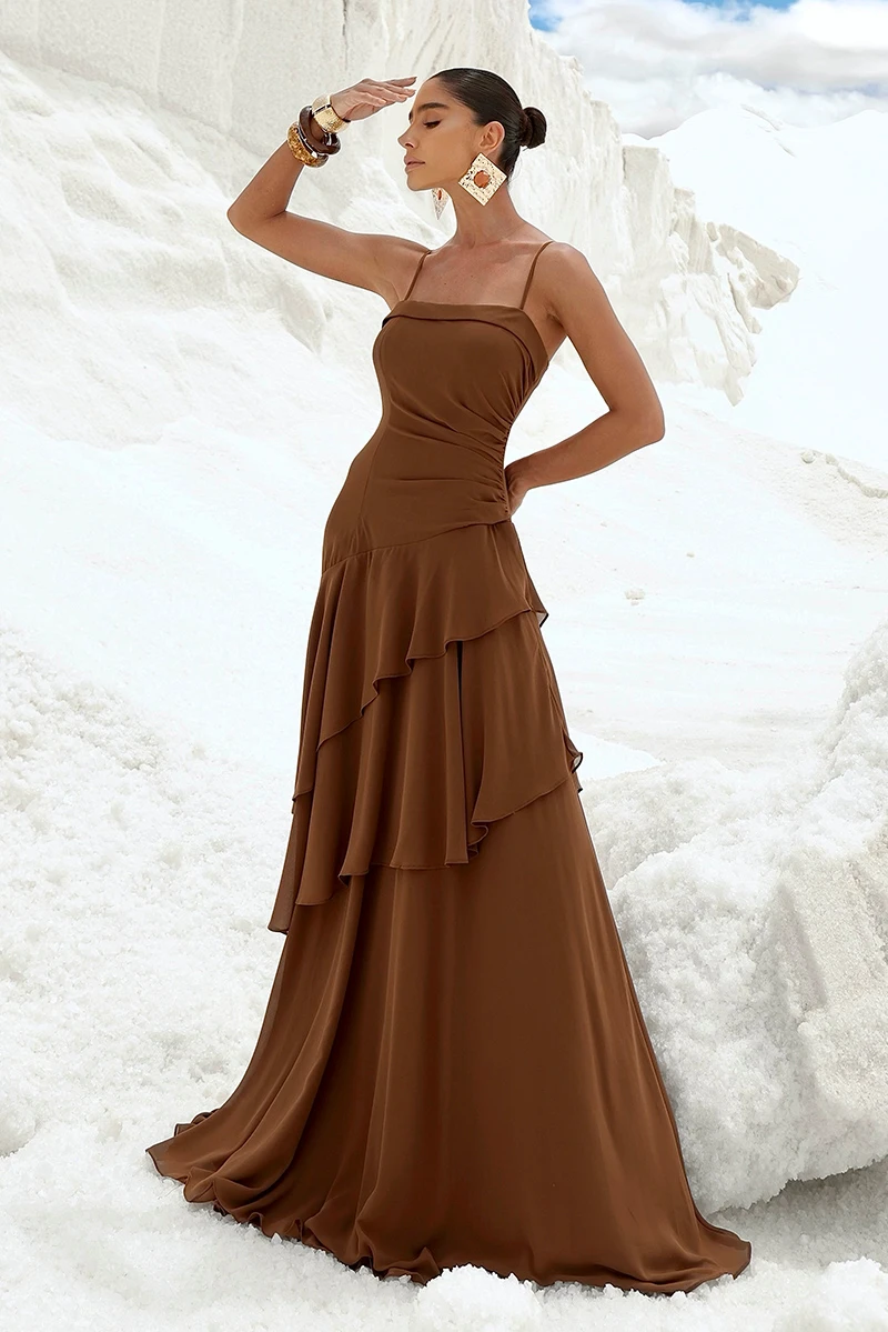 Dot Clothing - Dress Dot Clothing Long Kate Frill Asymmetrical Brown - 2897MARROM