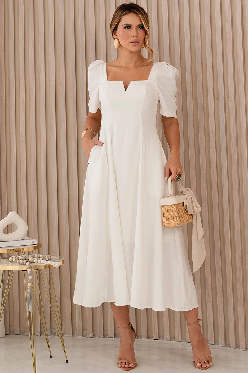 Miss Misses - Dafny Dress with V-neck/Pleated Sleeves, Off White - 54724030