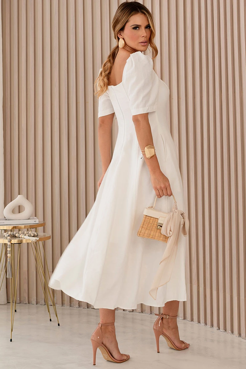 Miss Misses - Dafny Dress with V-neck/Pleated Sleeves, Off White - 54724030