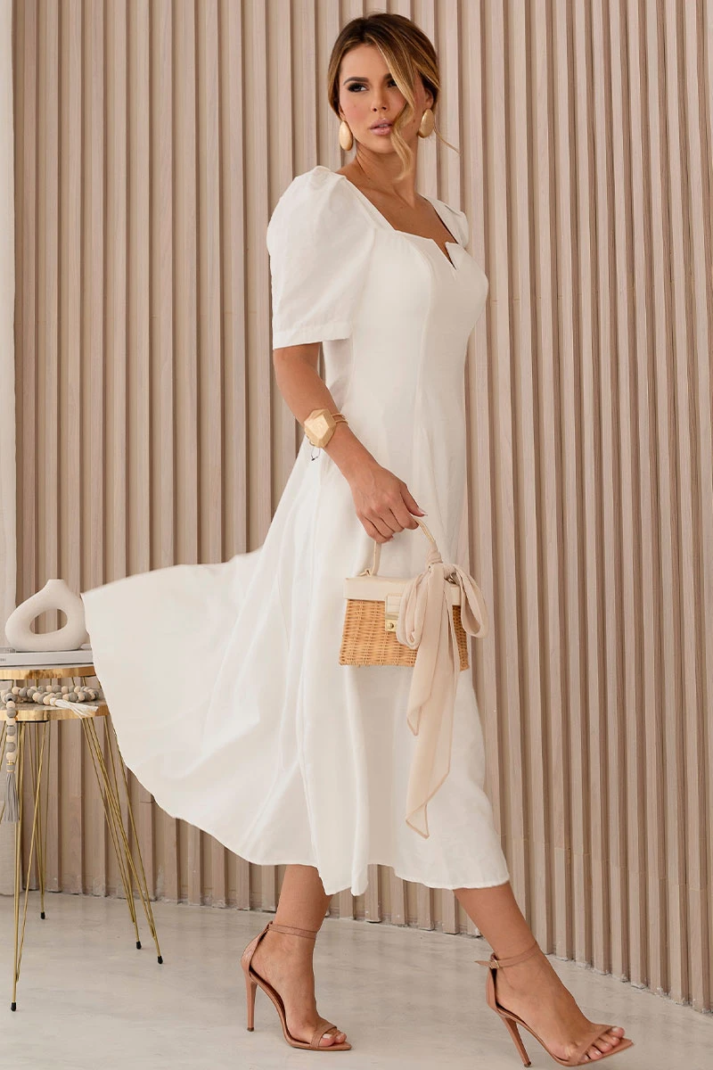 Miss Misses - Dafny Dress with V-neck/Pleated Sleeves, Off White - 54724030