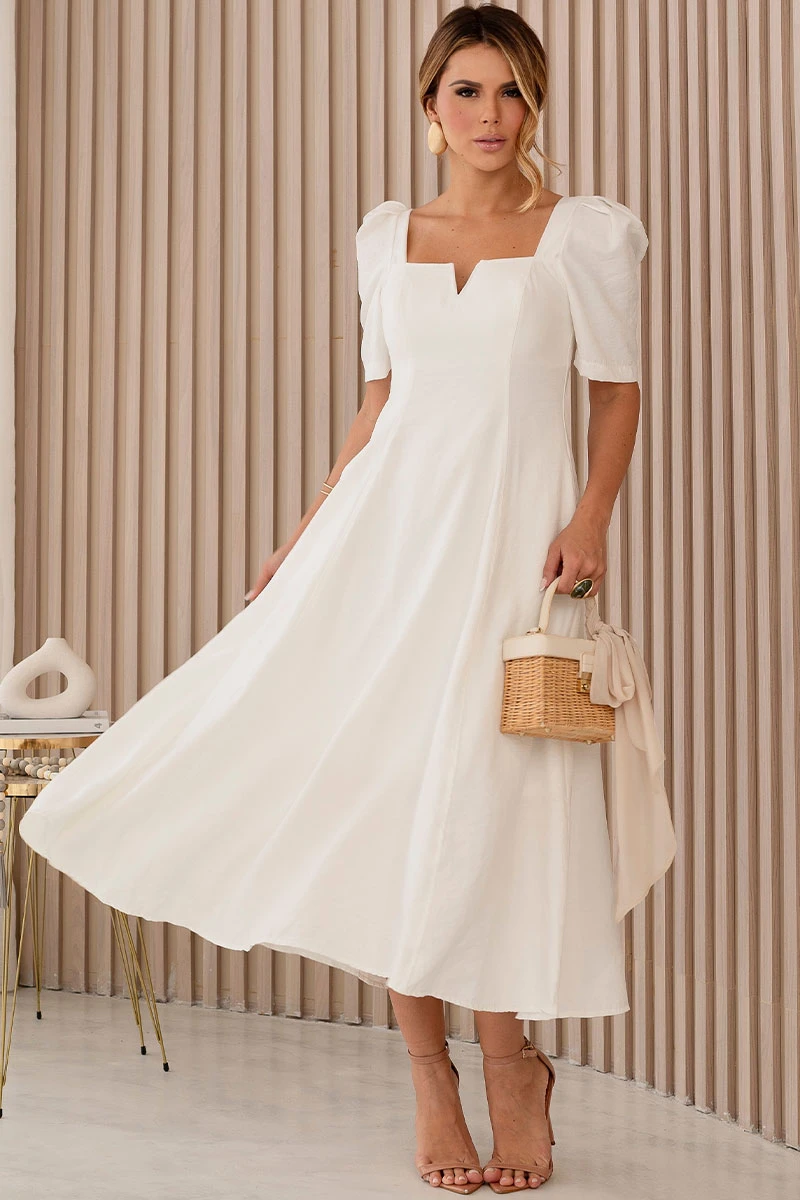 Miss Misses - Dafny Dress with V-neck/Pleated Sleeves, Off White - 54724030