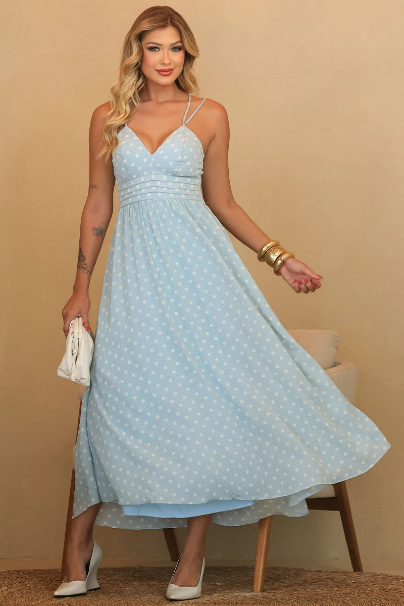 Miss Misses - Salete Midi Polka Dot Dress with Zipper, Costa Verde - 54669023