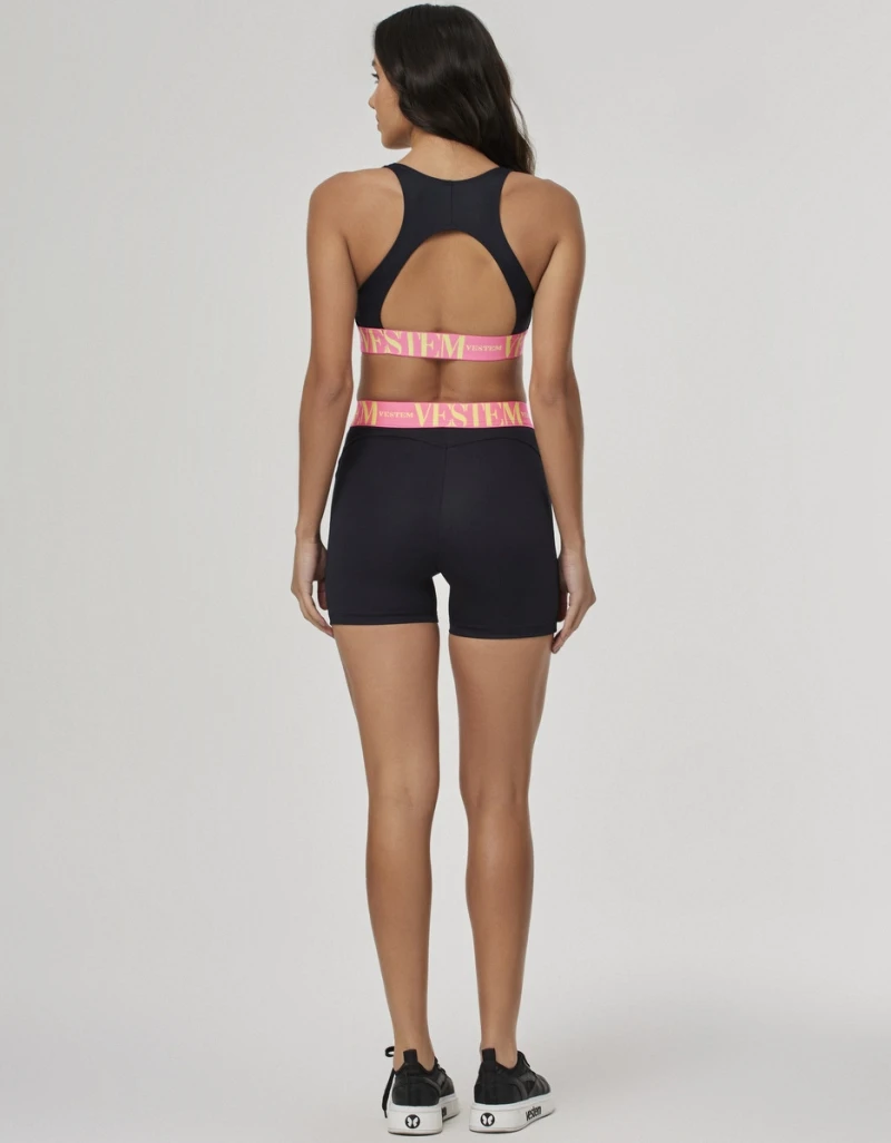 Vestem - Cris Black and Neon Pink and Neon Yellow Shorts and Sports Bra Set - CJ232.OUT.C0183