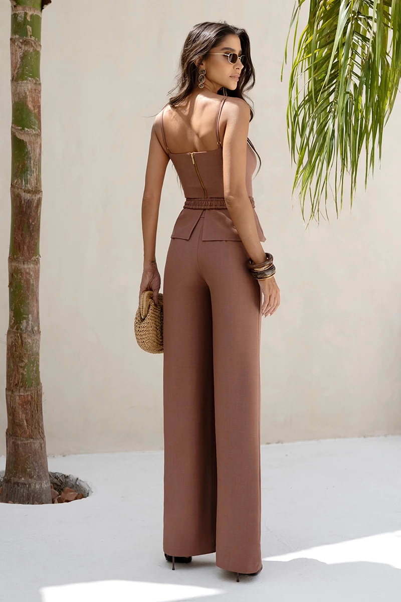 Dot Clothing - Set Dot Clothing Pamella Pants Wide-Leg Pants with Brown Stripe - 2900MARROM