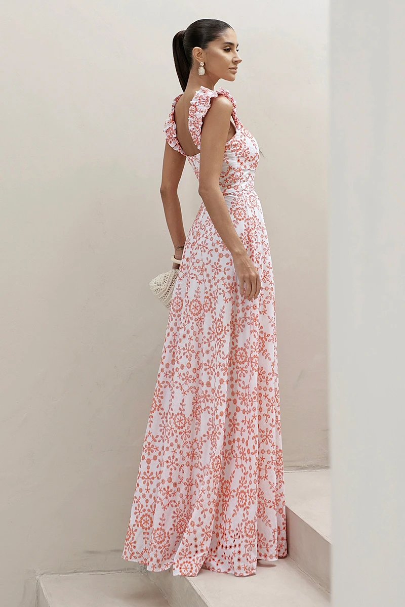 Dot Clothing - Betina Laise White and Orange Dot Clothing Long Dress - 2902BLARANJA