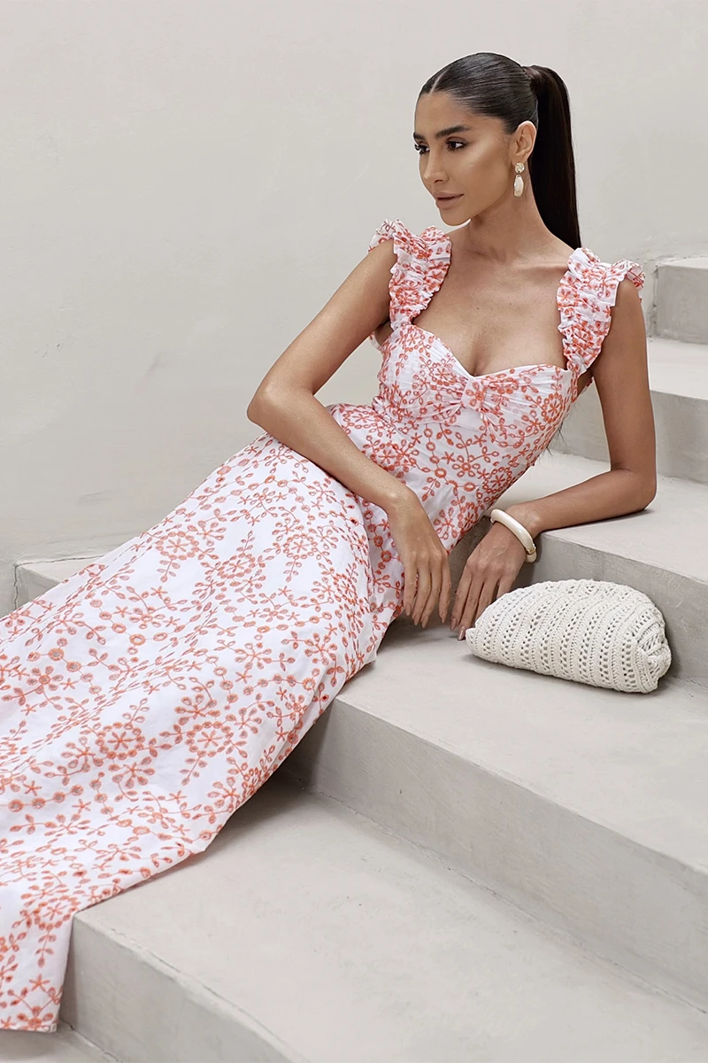 Dot Clothing - Betina Laise White and Orange Dot Clothing Long Dress - 2902BLARANJA