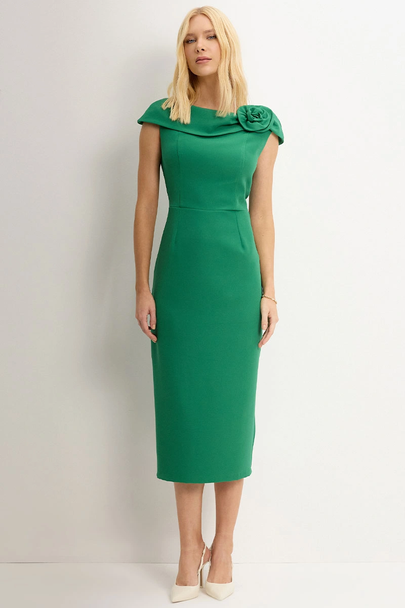 Miss Misses - Leila Sheath Dress with Flower Detail on Collar, Green - 54670023