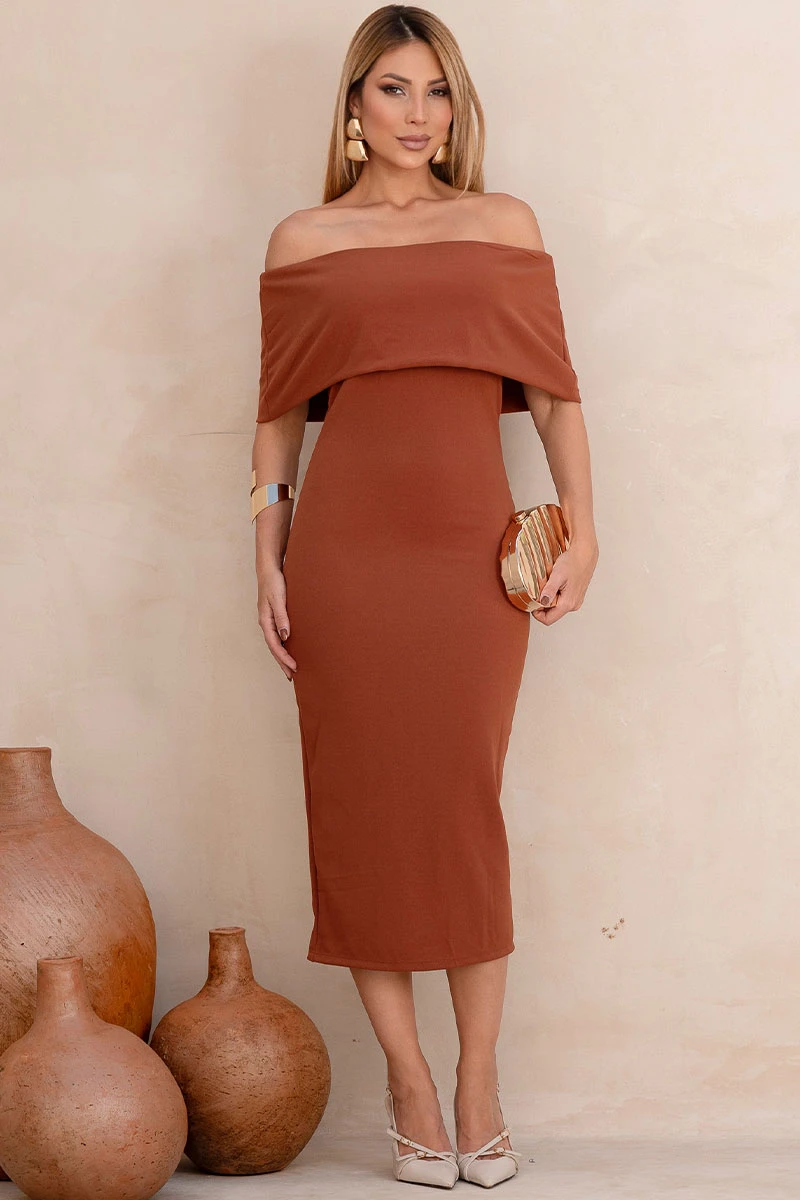 Miss Misses - Ayla Midi Dress, Off-the-Shoulder, with Side Zipper, Brown - 54734214