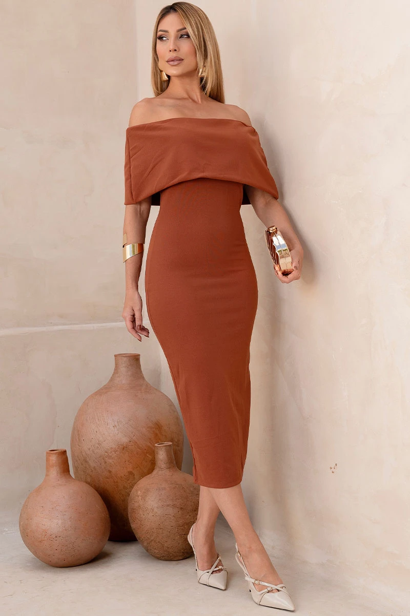 Miss Misses - Ayla Midi Dress, Off-the-Shoulder, with Side Zipper, Brown - 54734214