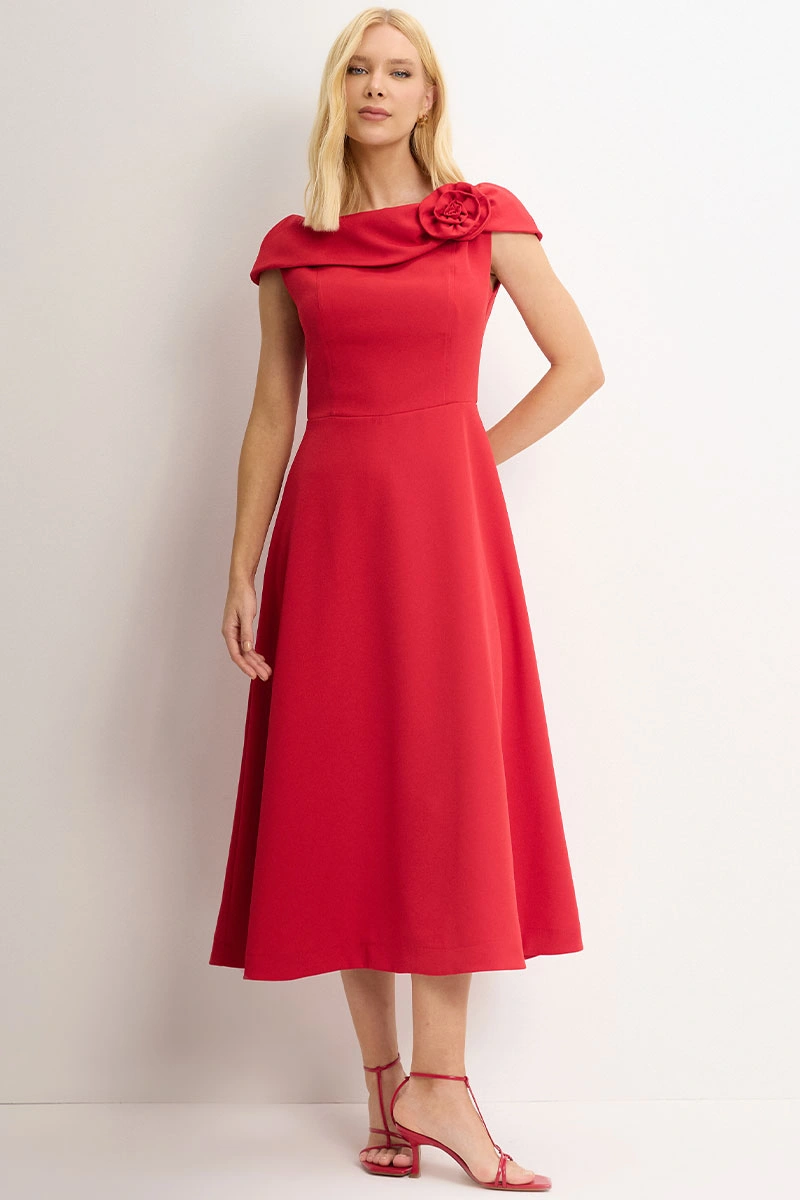 Miss Misses - Hilda Dress with Flower Detail on Collar, Red - 54592024