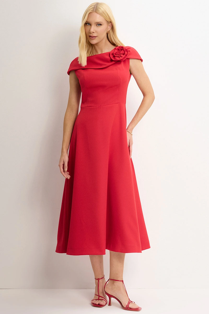 Miss Misses - Hilda Dress with Flower Detail on Collar, Red - 54592024