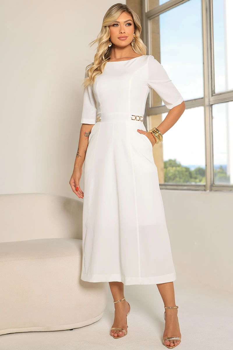 Miss Misses - Hebe Midi Dress with Short Sleeves and Metal Detail, Off White - 54704030