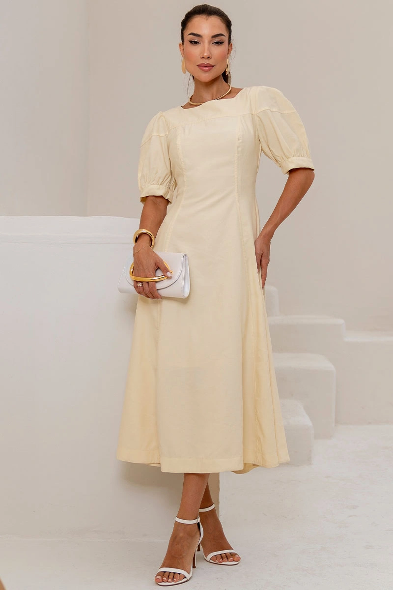 Miss Misses - Ohana Midi Dress with Short Sleeves, Pocket, and Zipper, Yellow - 54744003