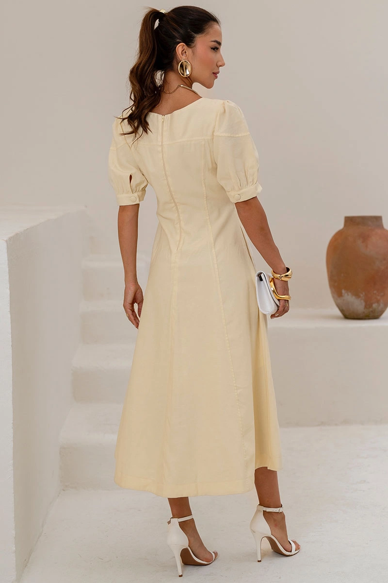 Miss Misses - Ohana Midi Dress with Short Sleeves, Pocket, and Zipper, Yellow - 54744003