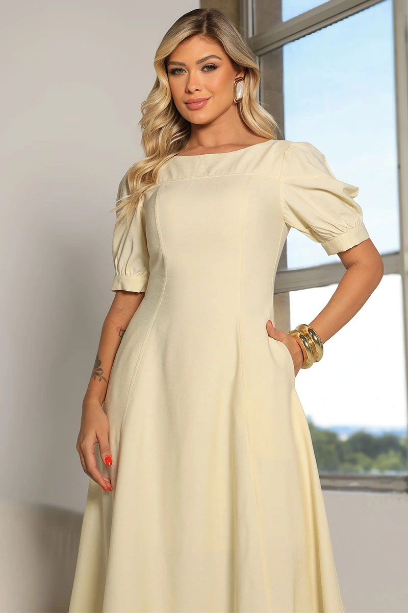 Miss Misses - Ohana Midi Dress with Short Sleeves, Pocket, and Zipper, Yellow - 54744003