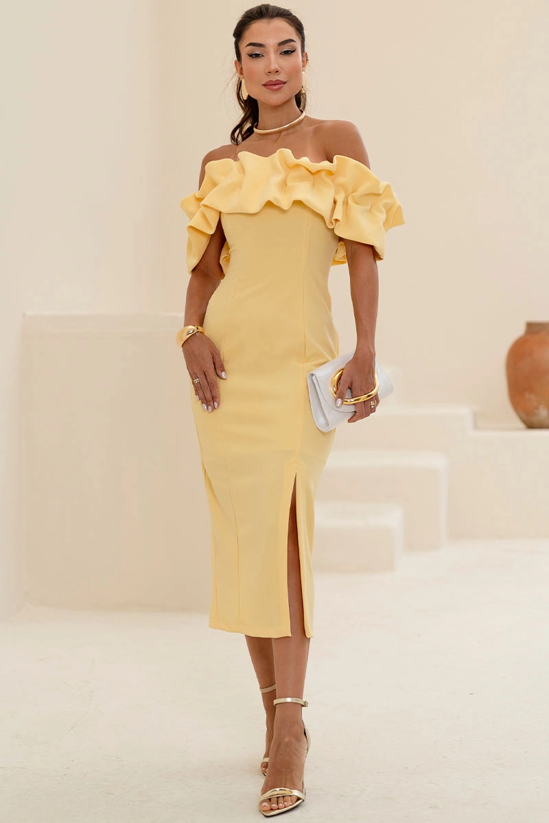 Miss Misses - Sabrina Dress, Off-the-Shoulder Tube Dress with Yellow Frills - 54464003