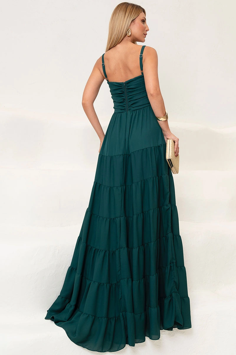 Miss Misses - Maisa Long Crepe Dress with Straps and Gathered Detail, Dark Green - 54671233