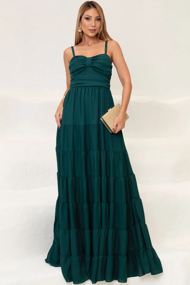 Miss Misses - Maisa Long Crepe Dress with Straps and Gathered Detail, Dark Green - 54671233