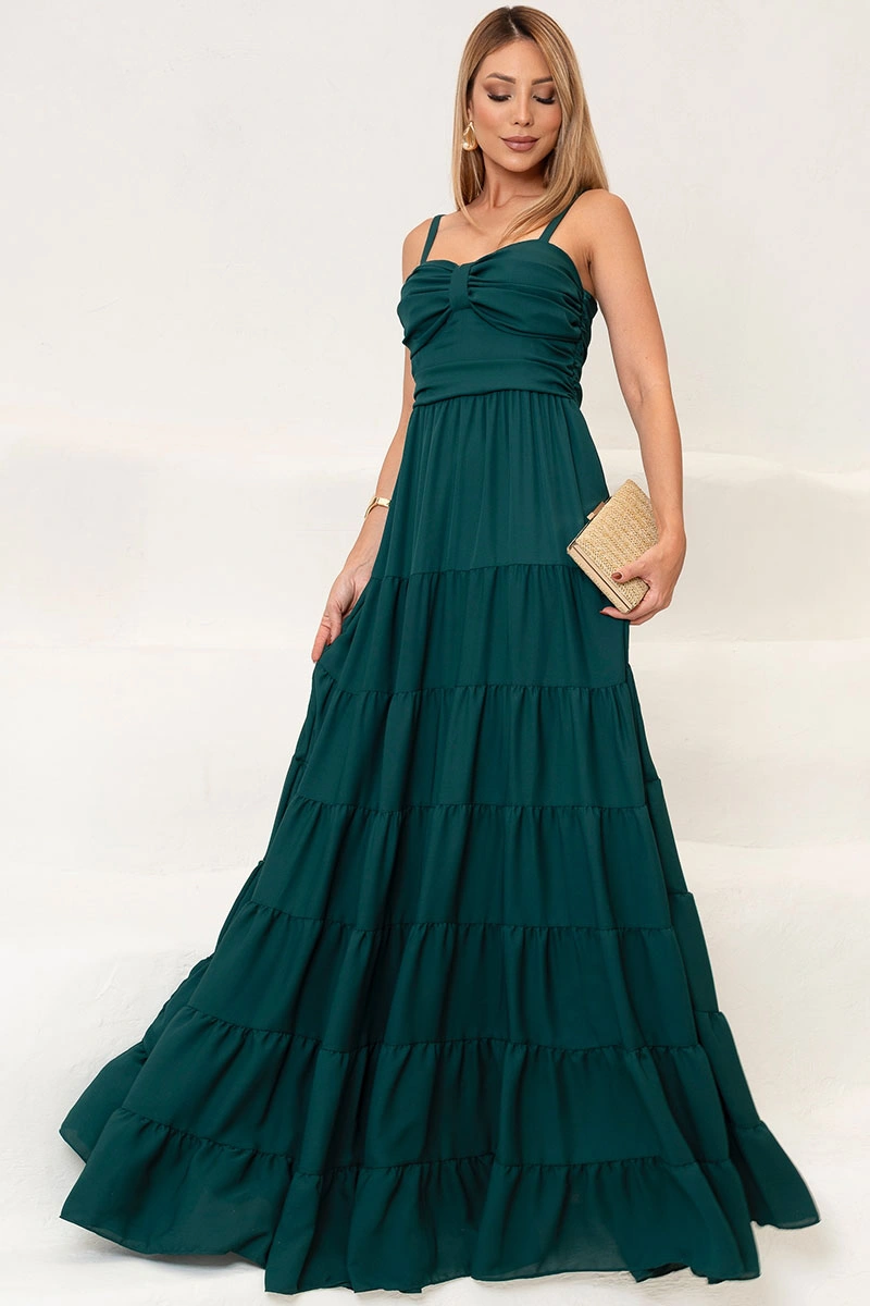 Miss Misses - Maisa Long Crepe Dress with Straps and Gathered Detail, Dark Green - 54671233