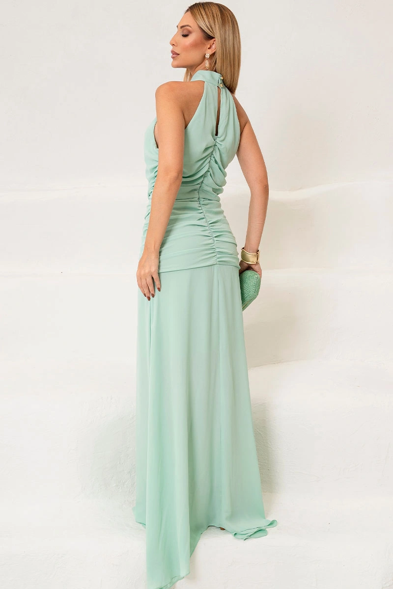 Miss Misses - Linik Long Crepe Draped Dress with Zipper, Costa Verde - 54727023