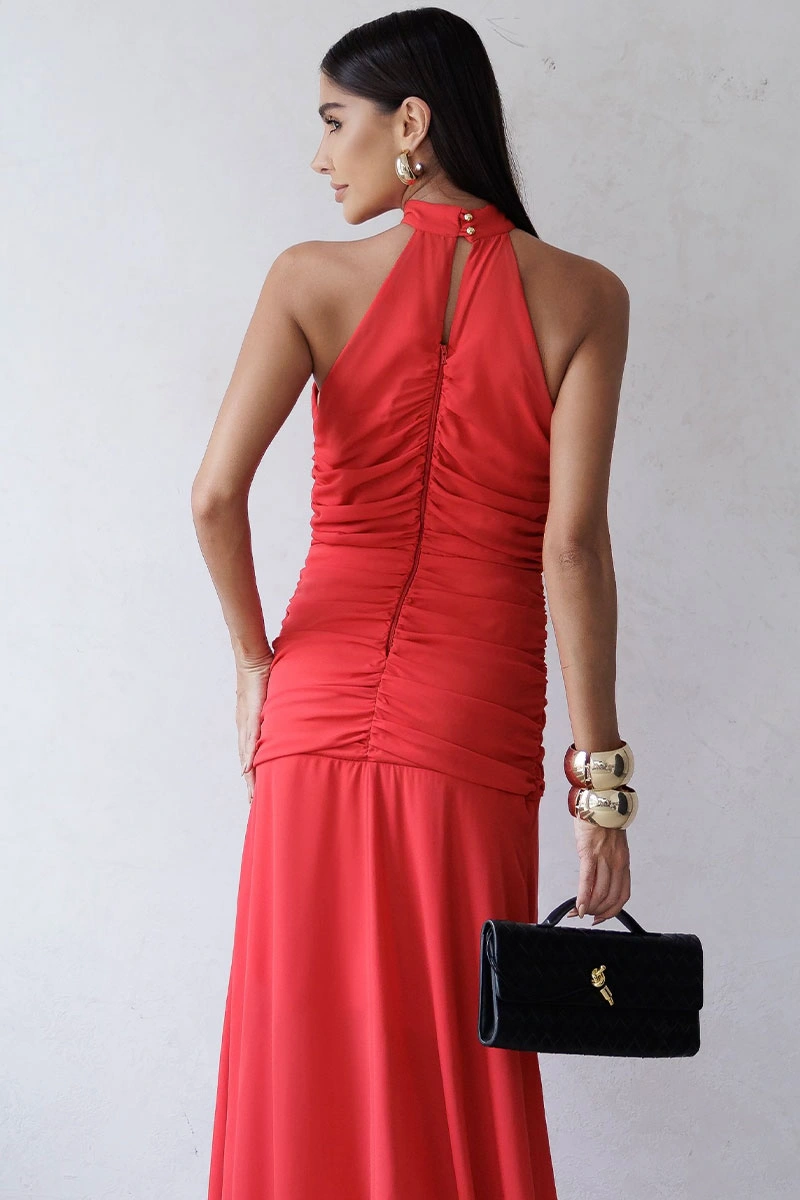 Miss Misses - Linik Long Crepe Draped Dress with Zipper, Red Back - 54727024