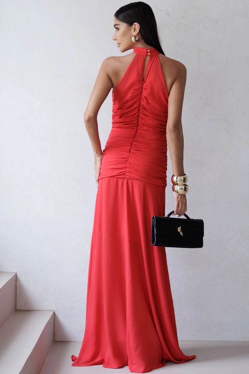 Miss Misses - Linik Long Crepe Draped Dress with Zipper, Red Back - 54727024