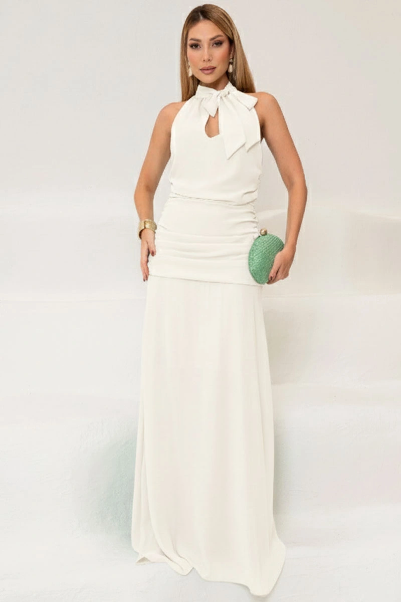Miss Misses - Linik Long Dress in Draped Crepe with Zipper Back, Off White - 54727030