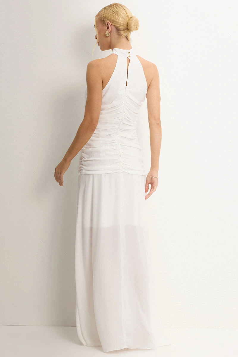 Miss Misses - Linik Long Dress in Draped Crepe with Zipper Back, Off White - 54727030