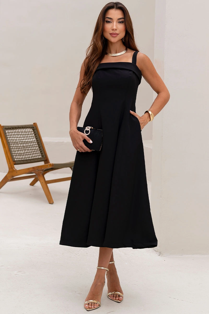 Miss Misses - Teodora Dress with Straps, Pocket, and Zipper, Black - 54679001