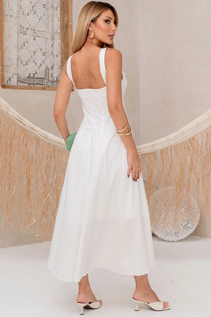 Miss Misses - Ornela Dress with Pleats and Bow Detail on the Strap, White - 54741005