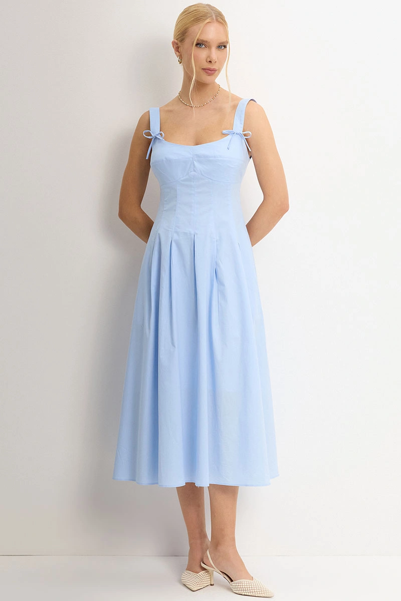 Miss Misses - Ornela Dress with Pleats and Bow Detail on the Strap, Blue - 54741002