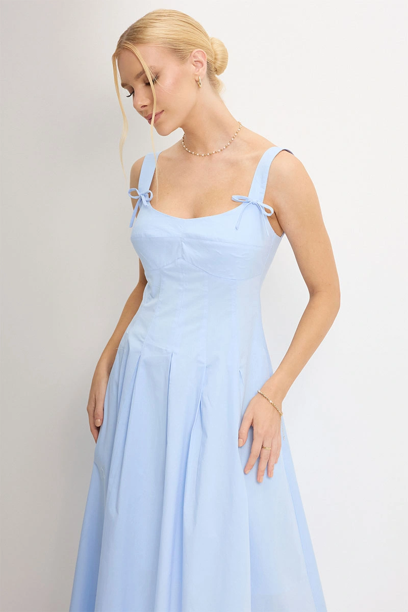 Miss Misses - Ornela Dress with Pleats and Bow Detail on the Strap, Blue - 54741002