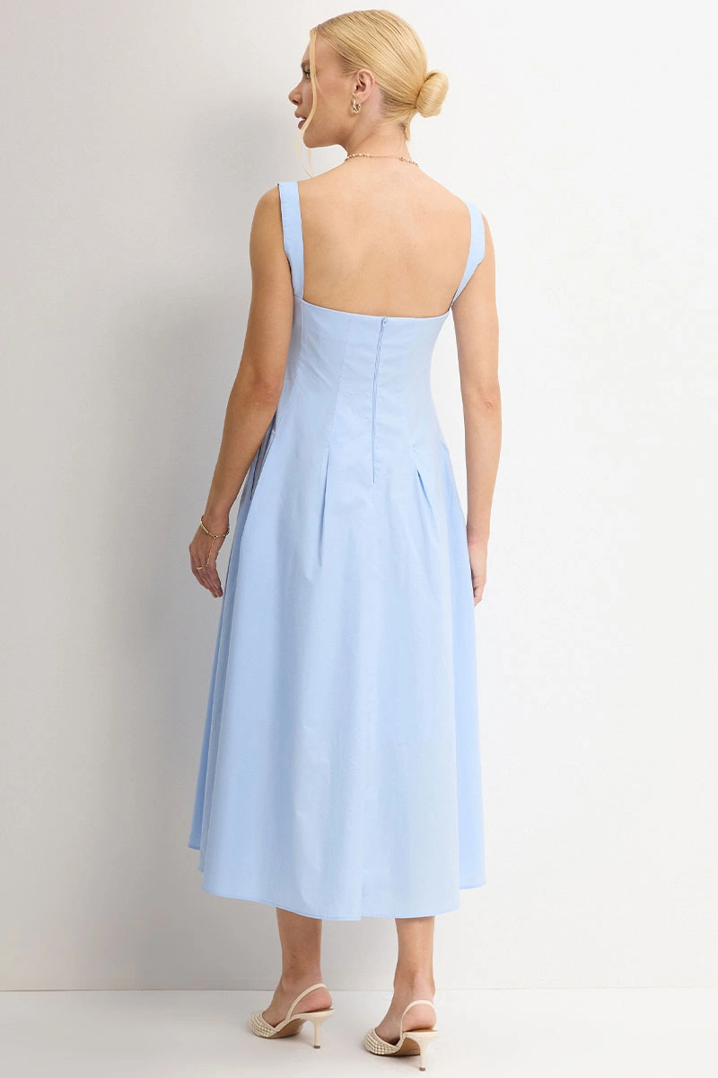 Miss Misses - Ornela Dress with Pleats and Bow Detail on the Strap, Blue - 54741002