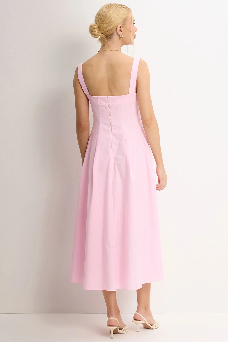 Miss Misses - Ornela Dress with Pleats and Bow Detail on the Strap, Pink - 54741060