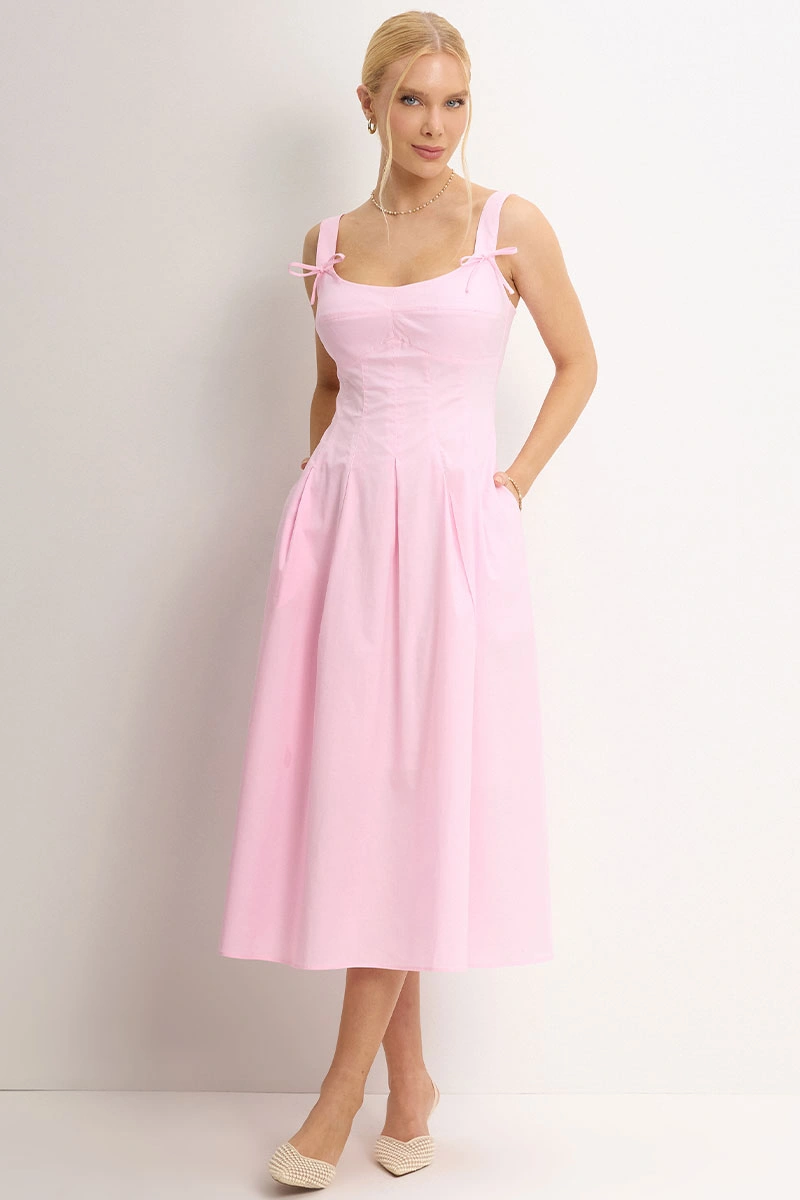 Miss Misses - Ornela Dress with Pleats and Bow Detail on the Strap, Pink - 54741060