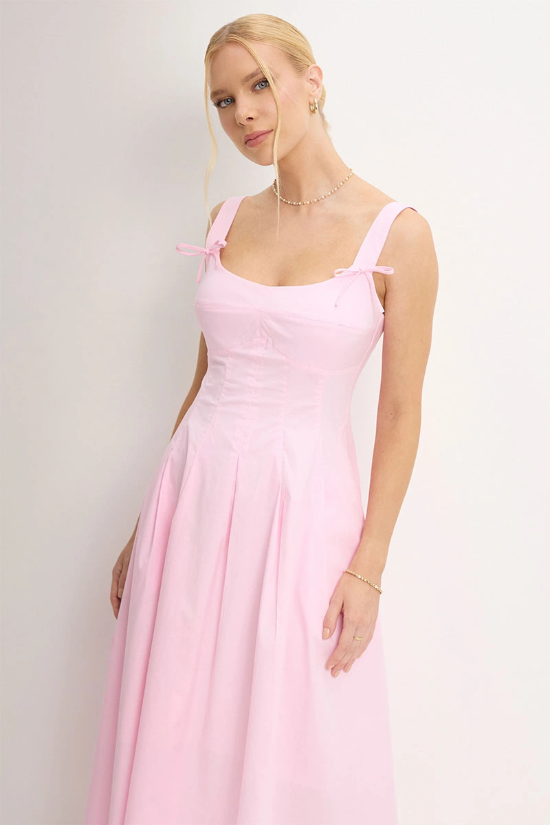 Miss Misses - Ornela Dress with Pleats and Bow Detail on the Strap, Pink - 54741060