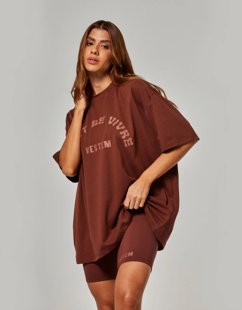 Vestem - Oversized T-shirt with "Art of Living" silk screen print, Sepia Brown. - BMC858.NY.C0697