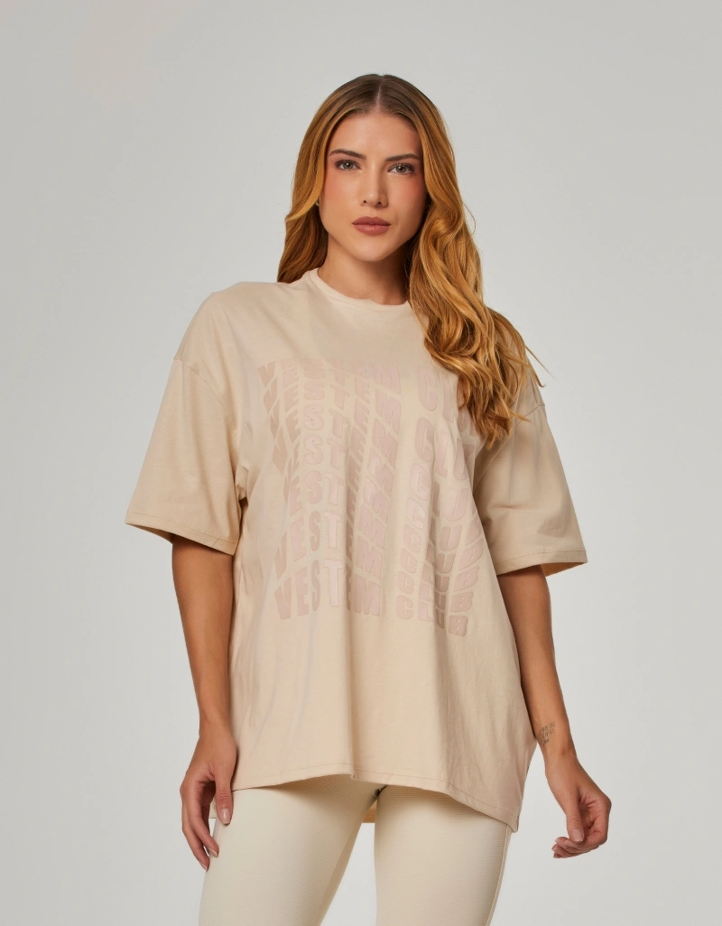 Vestem - Oversized T-shirt with Vestem Club Beige Ivory print. - BMC859.NY.C0696
