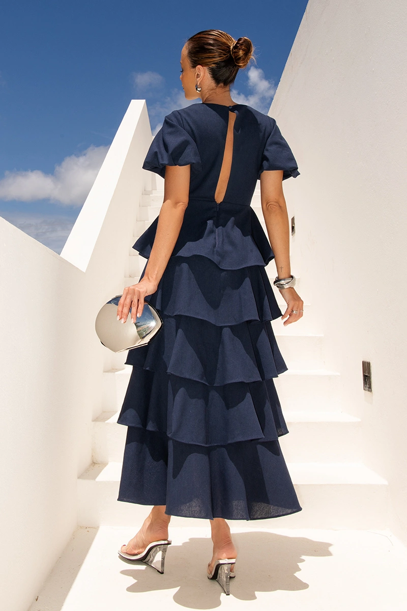 Dot Clothing - Dress Dot Clothing Daniela Midi Frill Puff Sleeve Blue - 2928AZUL