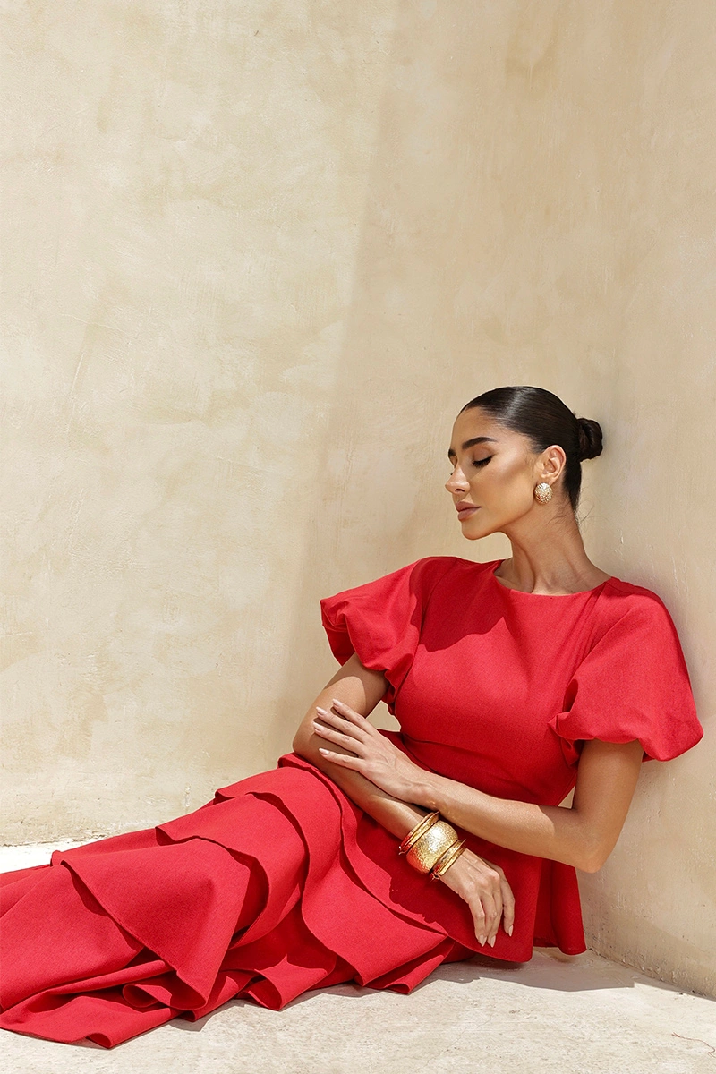 Dot Clothing - Dress Dot Clothing Daniela Midi Frill Puff Sleeve Red - 2928VERM