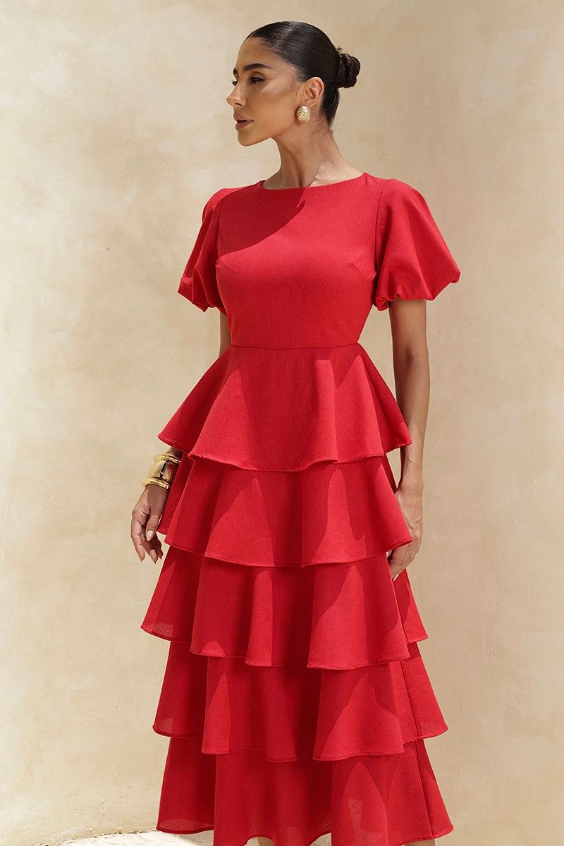 Dot Clothing - Dress Dot Clothing Daniela Midi Frill Puff Sleeve Red - 2928VERM