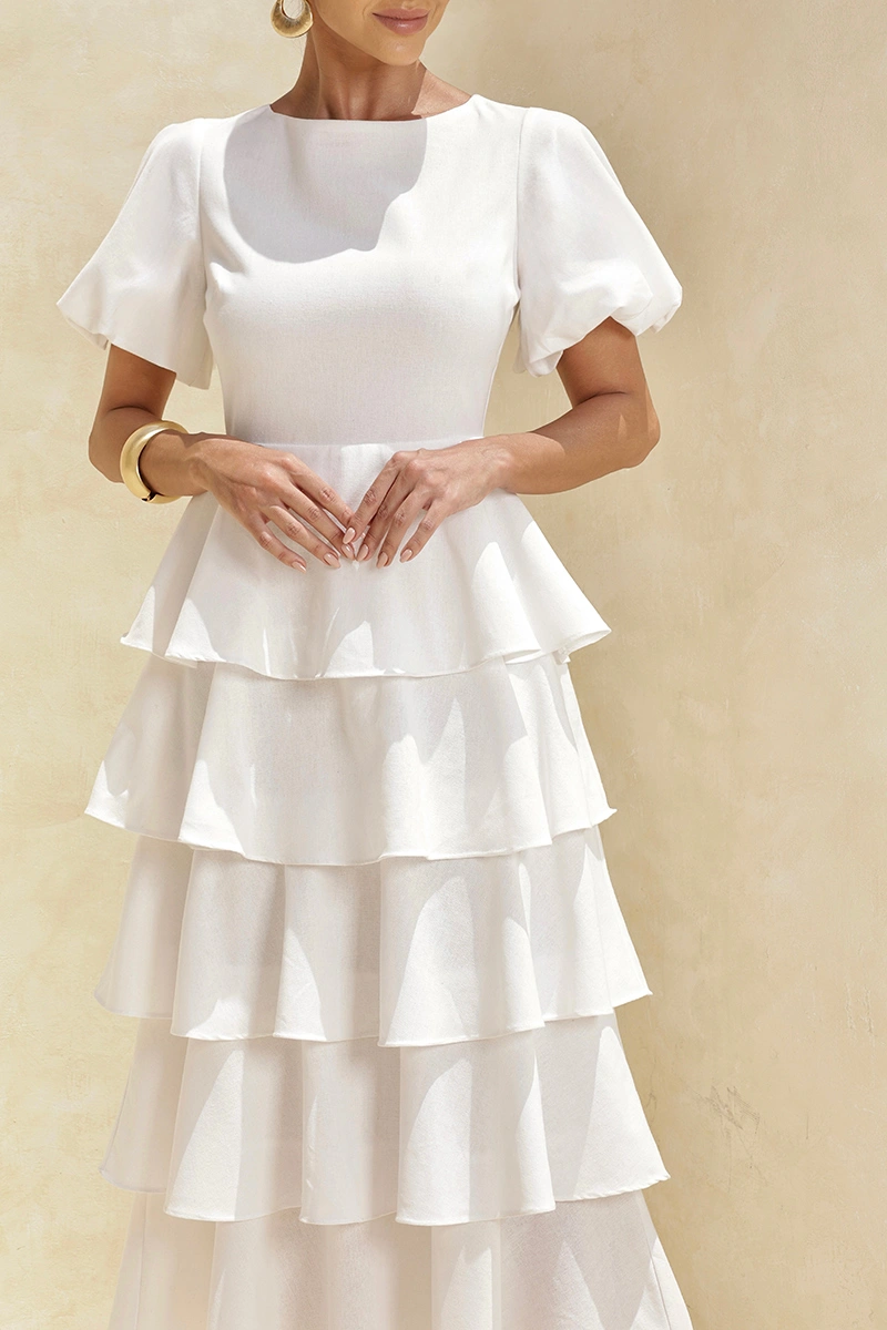 Dot Clothing - Dress Dot Clothing Daniela Midi frill Puff Sleeve Off White - 2928OFF