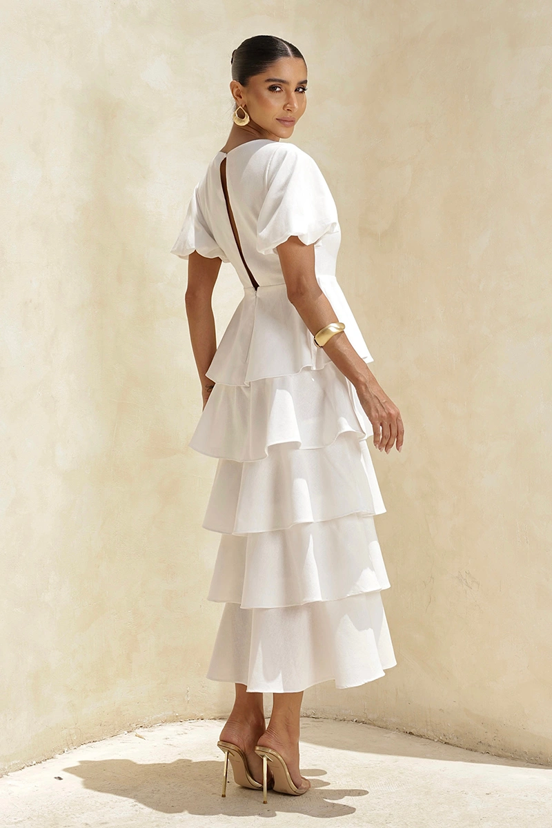 Dot Clothing - Dress Dot Clothing Daniela Midi frill Puff Sleeve Off White - 2928OFF