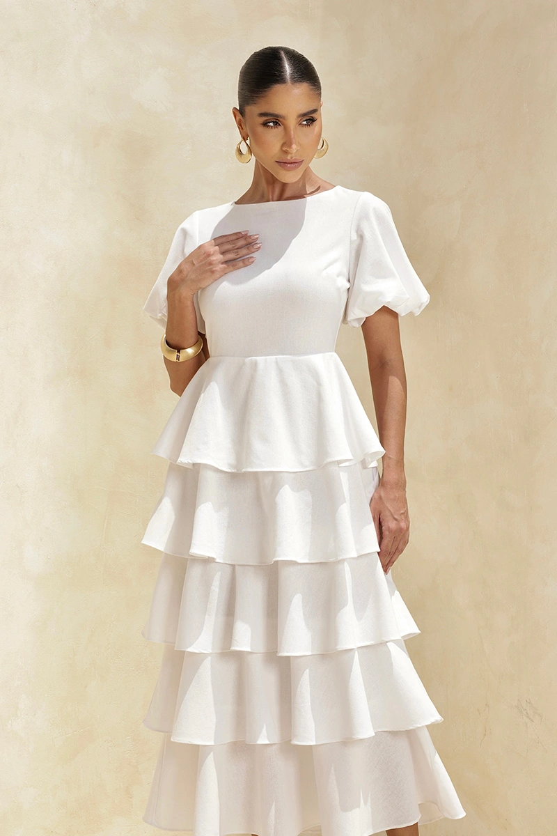 Dot Clothing - Dress Dot Clothing Daniela Midi frill Puff Sleeve Off White - 2928OFF