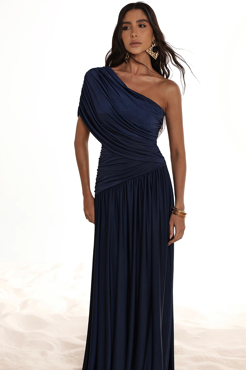 Dot Clothing - Nathalia Longo Dress with Draped Cape, Navy Blue - 2941AZUL