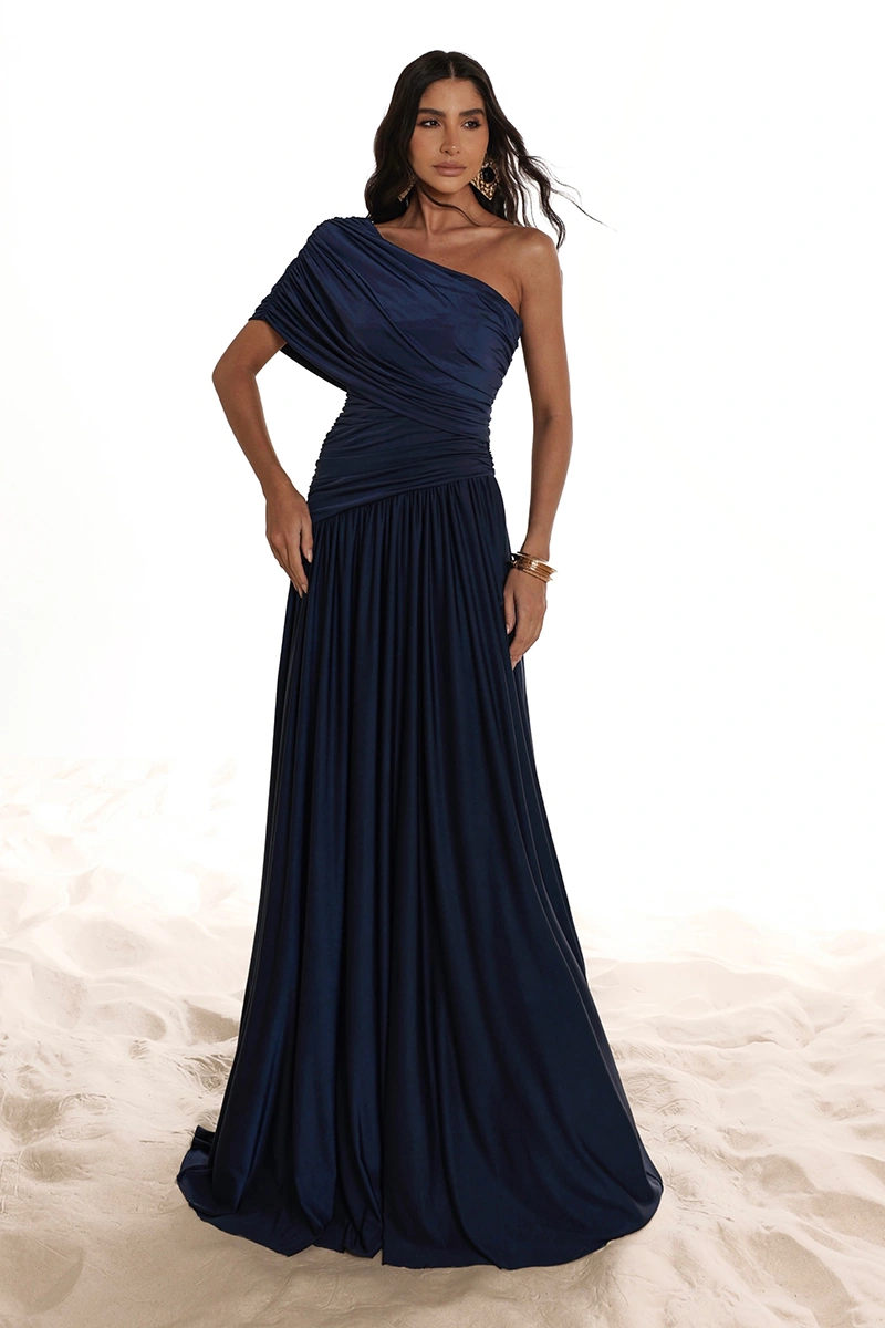 Dot Clothing - Nathalia Longo Dress with Draped Cape, Navy Blue - 2941AZUL