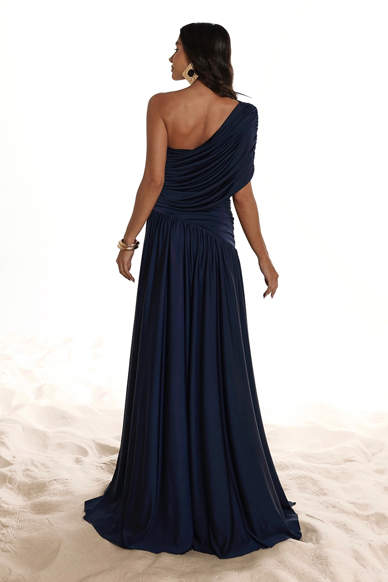 Dot Clothing - Nathalia Longo Dress with Draped Cape, Navy Blue - 2941AZUL