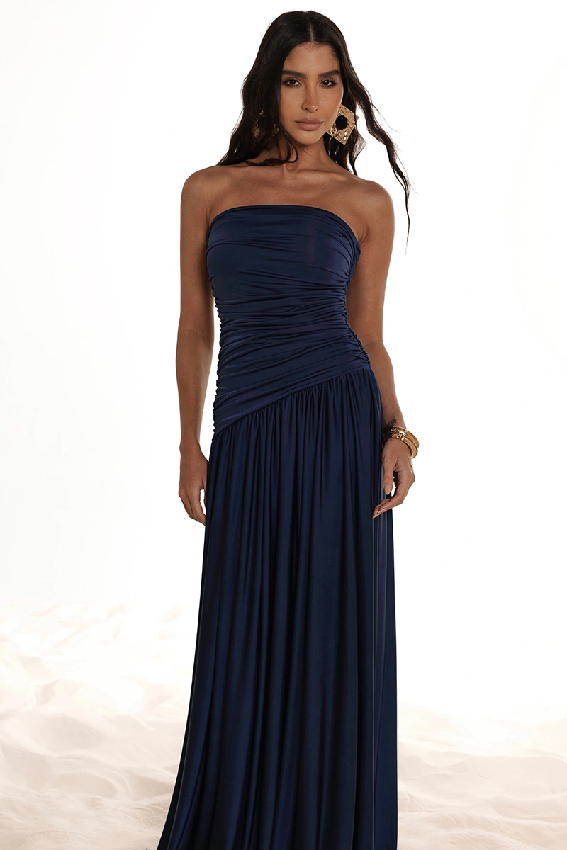 Dot Clothing - Nathalia Longo Dress with Draped Cape, Navy Blue - 2941AZUL