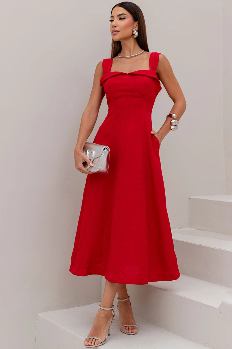 Miss Misses - Francisca Midi Dress with Wide Straps, Red - 54759024